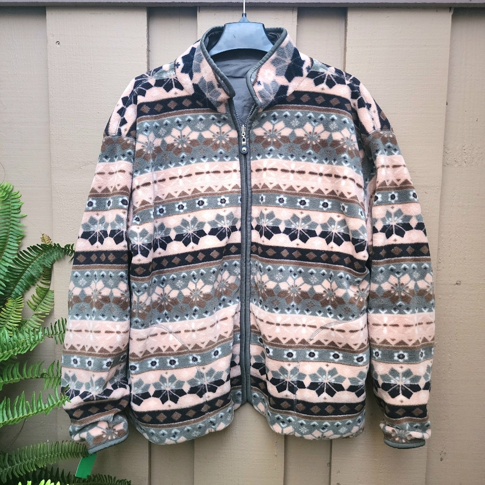 Fleece Jacket XL 100% Silk Reversible Fair Isle Khaki Olive Fu Da Sport Zip Gorp